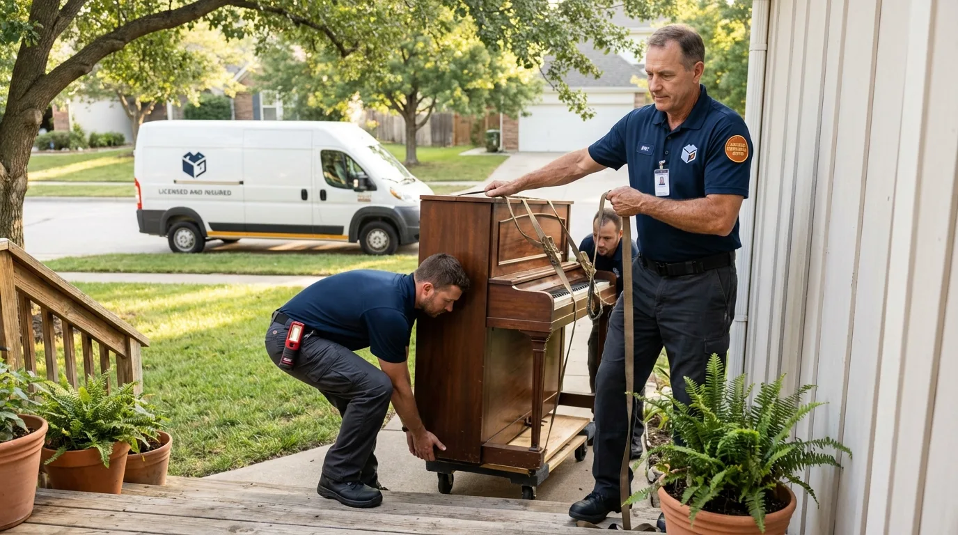 Licensed piano movers securing grand piano in Midland, PA