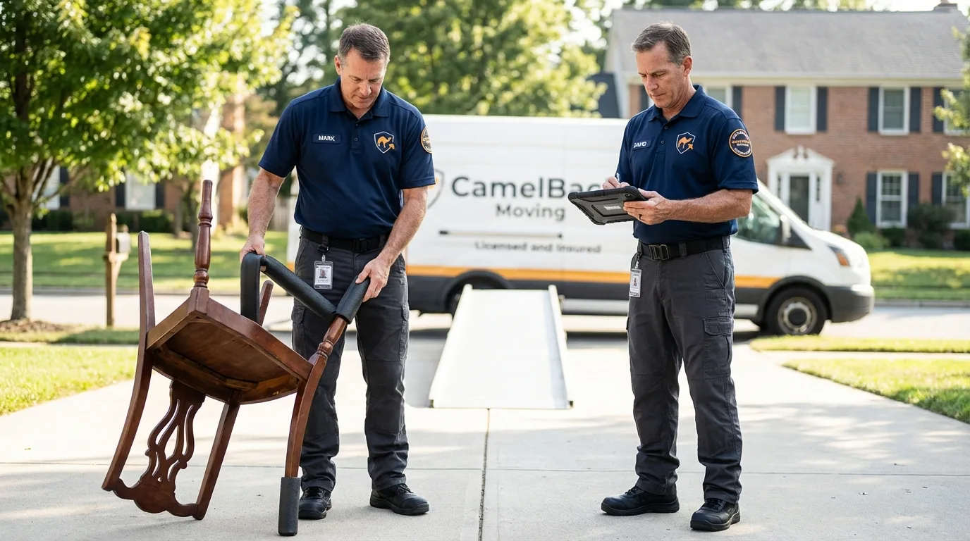 Movers inspecting furniture for damage prevention before loading in Midland, PA