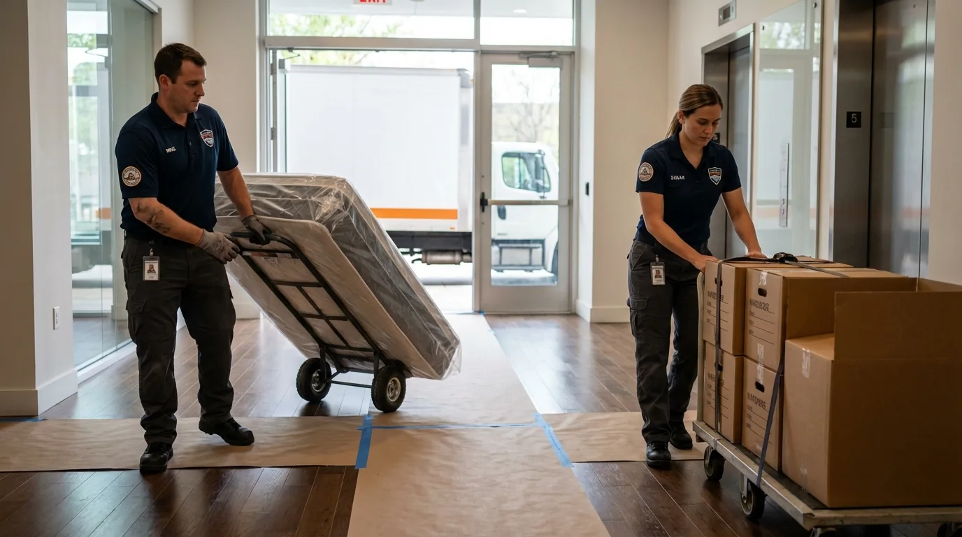 Professional apartment movers loading elevator in Midland, PA